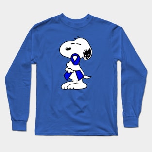 Dog Hugging an Awareness Ribbon (Dark Blue) Long Sleeve T-Shirt